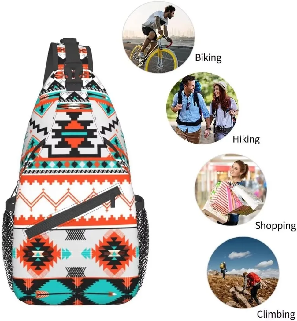 Aztec Design Sling Bag Crossbody Backpack Southwest Native American Geometric Chevron Colorful Aztec Pattern Sports Travel Hiking Daypack Navajo Print Chest Bag Shoulder Bag Unisex