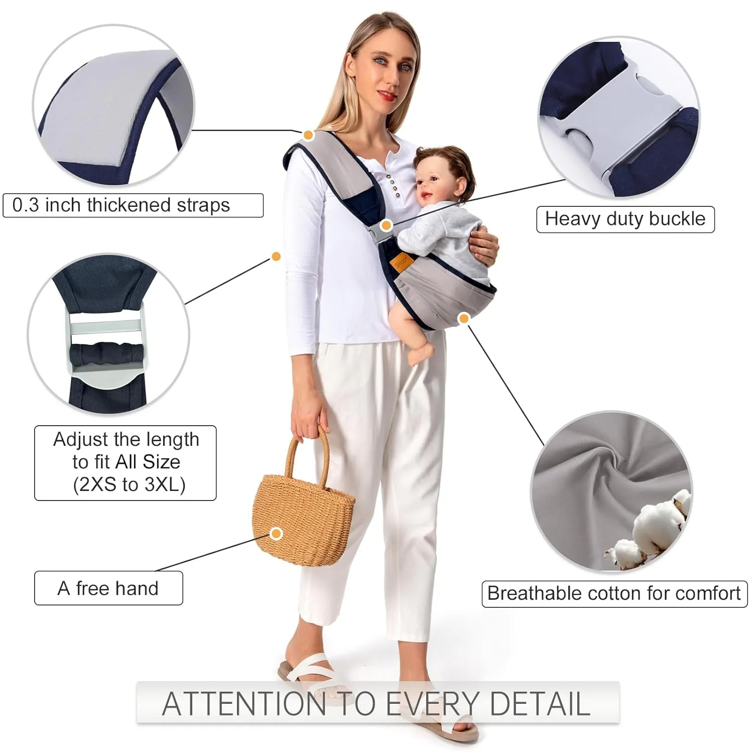 Baby Sling Carrier, Baby Carrier Newborn to Toddler(7-45lbs), Toddler Carrier with Safety Buckle, One Shoulder Adjustable Shoulder Strap, One Size Fits All, Grey