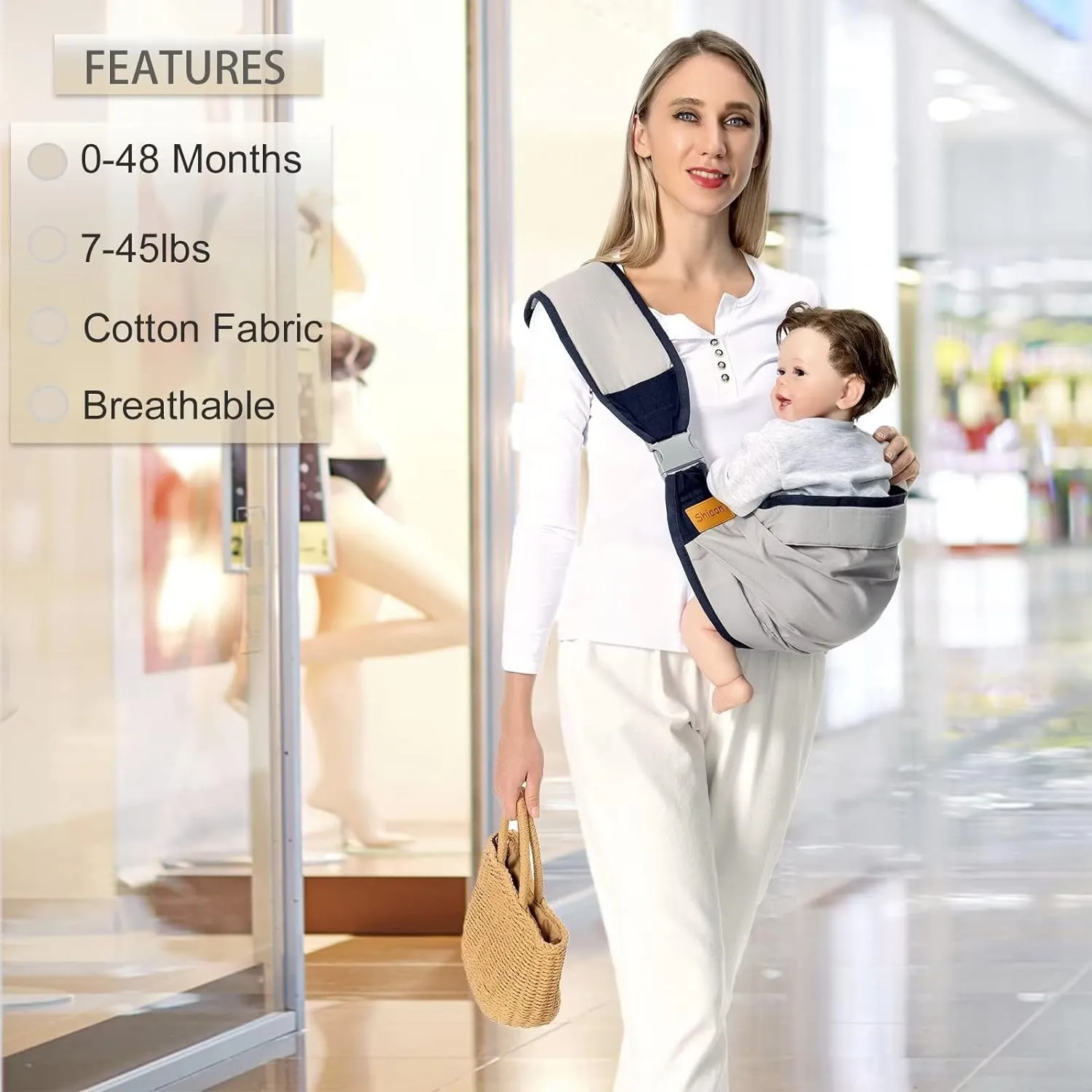 Baby Sling Carrier, Baby Carrier Newborn to Toddler(7-45lbs), Toddler Carrier with Safety Buckle, One Shoulder Adjustable Shoulder Strap, One Size Fits All, Grey
