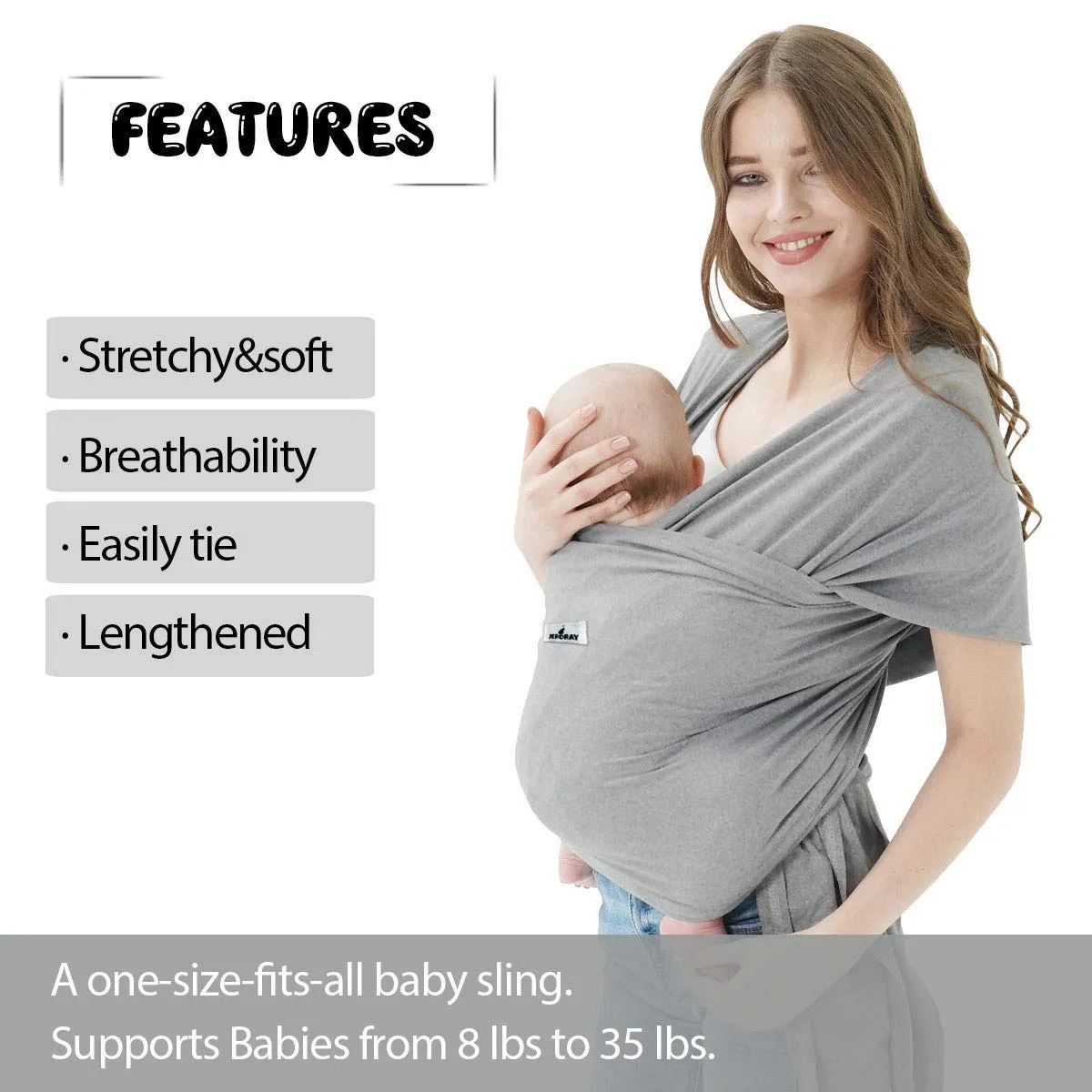 Baby Wraps Carrier, Jeroray Baby Carrier,Hands Free Infant Carrier, Lightweight,Breathable,Softness,Light Grey