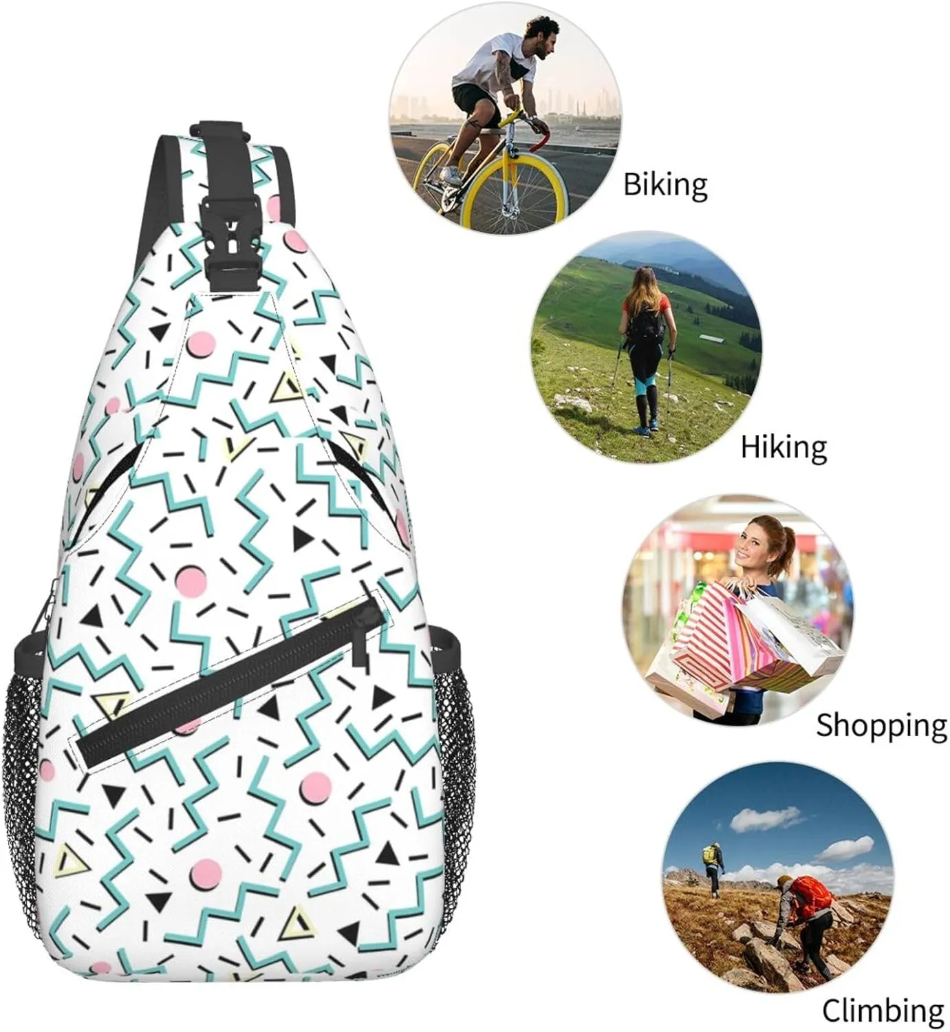 Back To The 80'S Eighties, Funky Memphis Patter Chest Sling Bag Crossbody Shoulder Backpack Bag Gym Cycling Daypack Travel Hiking Cross Bag