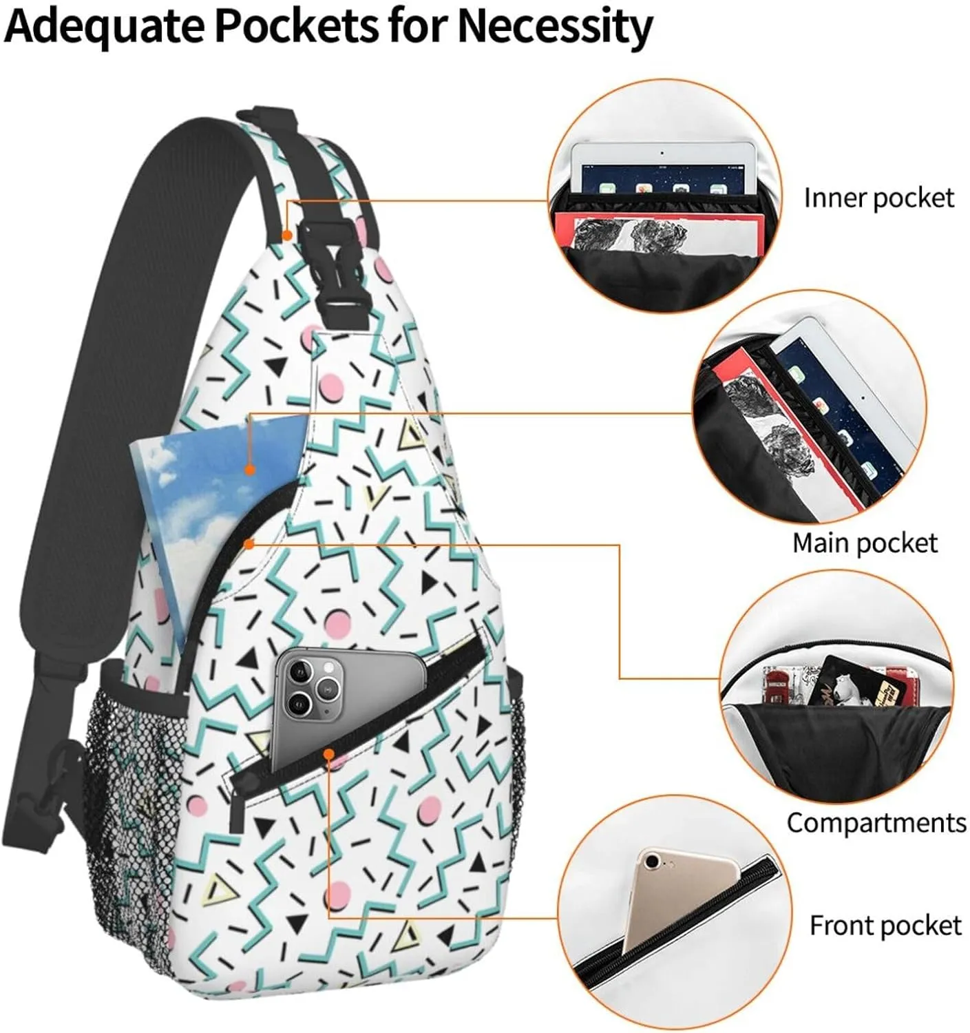 Back To The 80'S Eighties, Funky Memphis Patter Chest Sling Bag Crossbody Shoulder Backpack Bag Gym Cycling Daypack Travel Hiking Cross Bag
