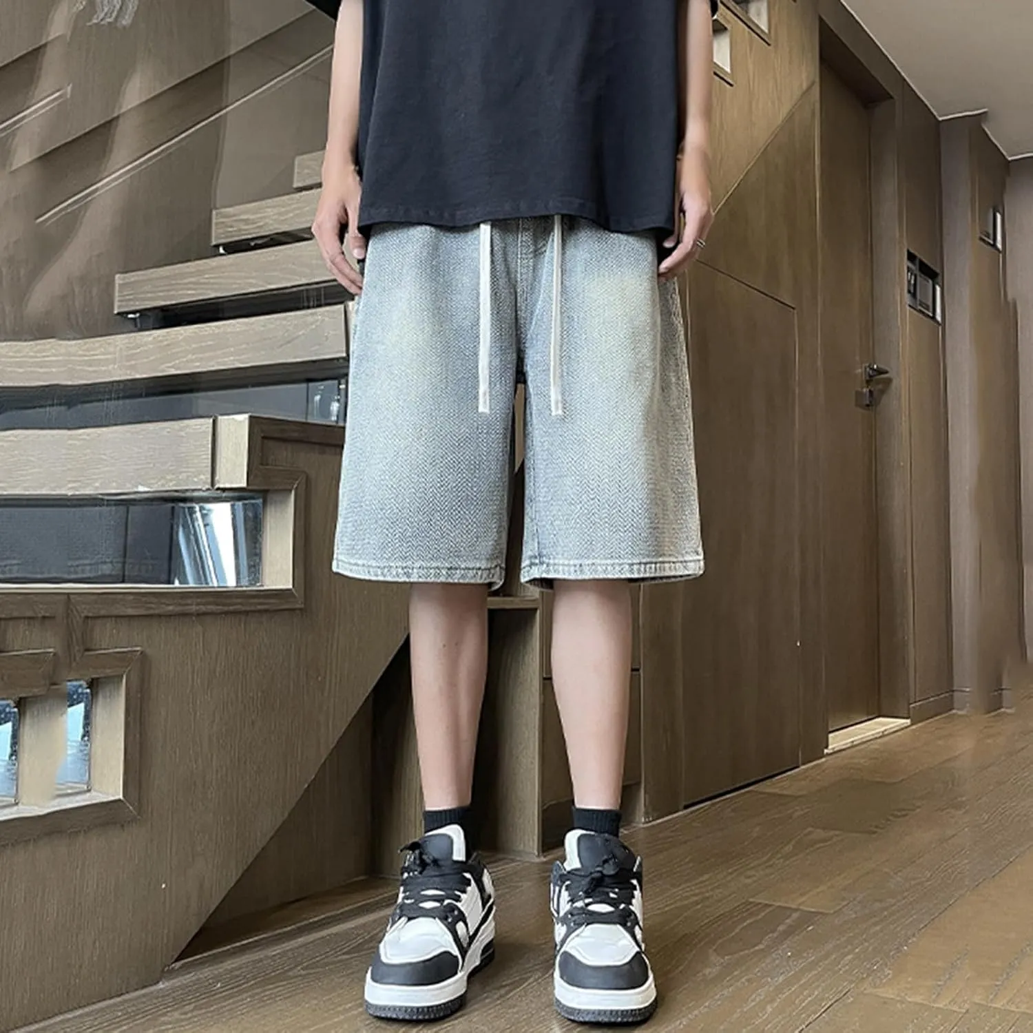 Baggy Jean Shorts for Men Drawstring Elastic Waist Loose Fit Straight Leg Denim Shorts Skater Beach Bermuda Jorts