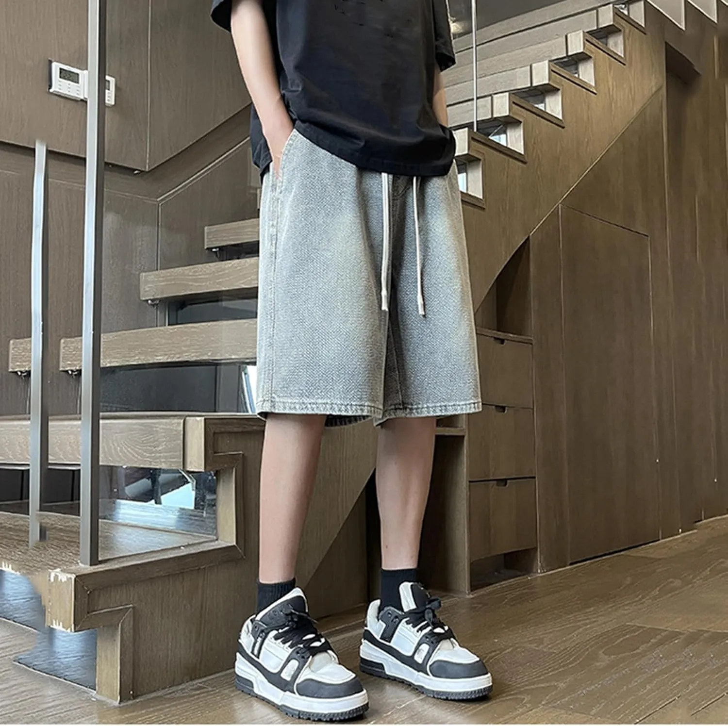 Baggy Jean Shorts for Men Drawstring Elastic Waist Loose Fit Straight Leg Denim Shorts Skater Beach Bermuda Jorts