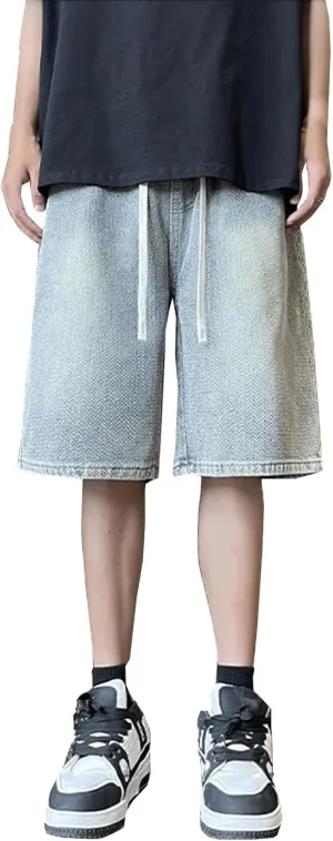 Baggy Jean Shorts for Men Drawstring Elastic Waist Loose Fit Straight Leg Denim Shorts Skater Beach Bermuda Jorts