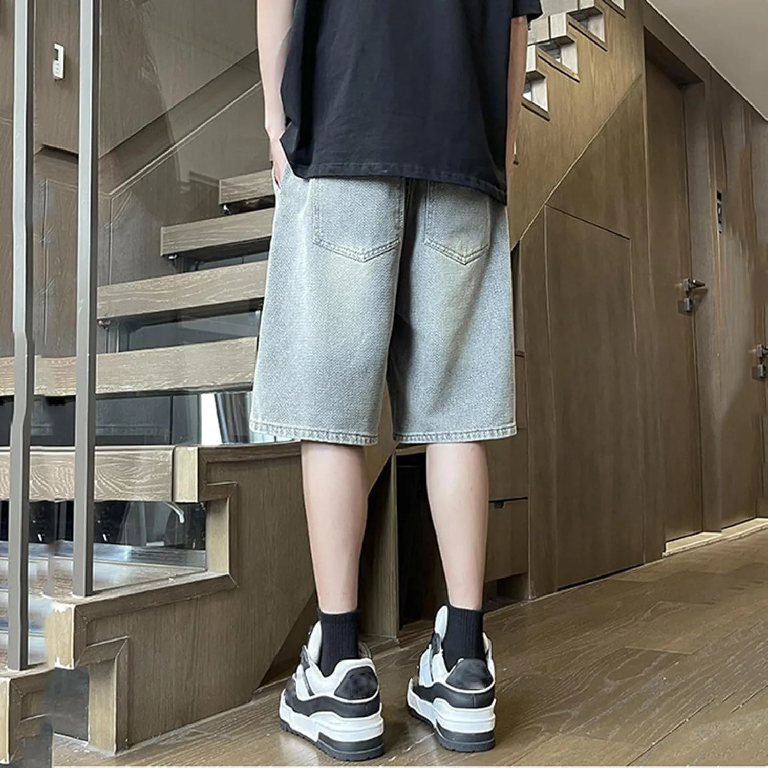 Baggy Jean Shorts for Men Drawstring Elastic Waist Loose Fit Straight Leg Denim Shorts Skater Beach Bermuda Jorts