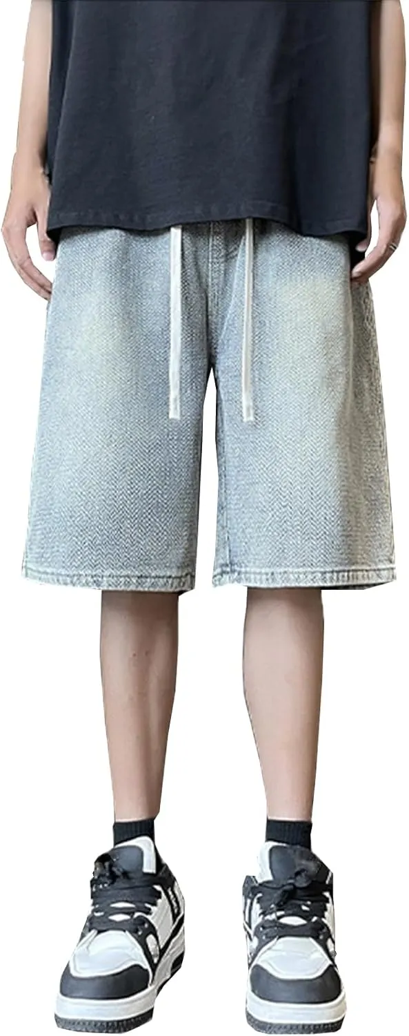 Baggy Jean Shorts for Men Drawstring Elastic Waist Loose Fit Straight Leg Denim Shorts Skater Beach Bermuda Jorts