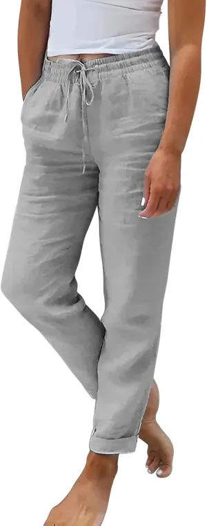 Baggy Linen Pants Women Summer Boho Lightweight High Waist Palazzo Pants Loose Comfy Straight Leg Pants with Pockets