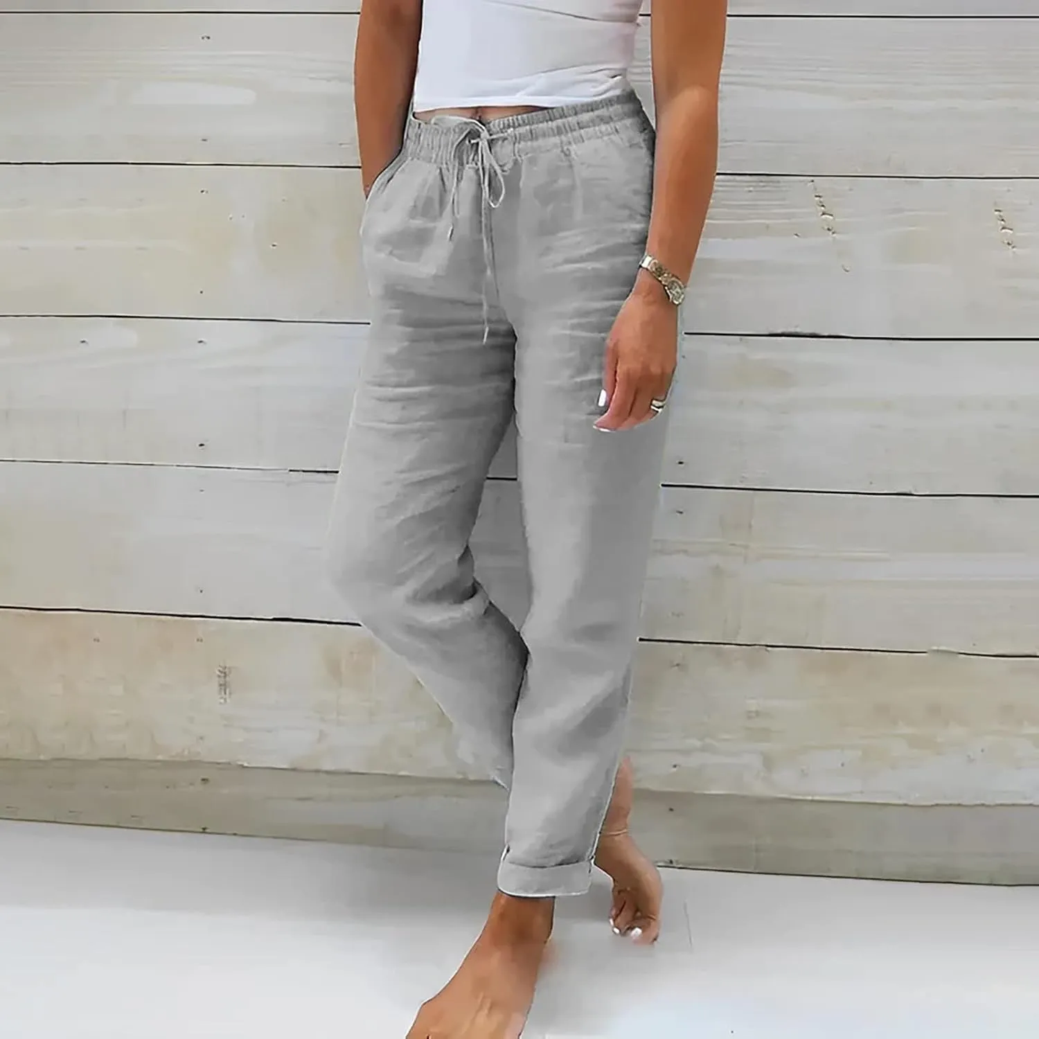 Baggy Linen Pants Women Summer Boho Lightweight High Waist Palazzo Pants Loose Comfy Straight Leg Pants with Pockets