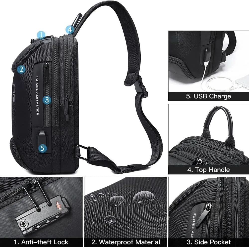 BANGE Anti theft Sling Backpack with Lock, Men's Sling Bag for Men, Shoulder Crossbody Backpack with USB Charging Port for Men and Women