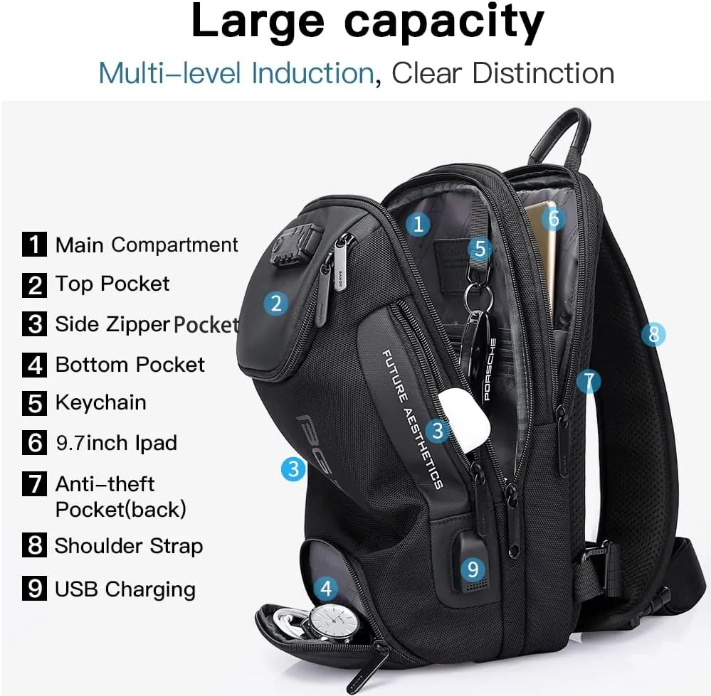 BANGE Anti theft Sling Backpack with Lock, Men's Sling Bag for Men, Shoulder Crossbody Backpack with USB Charging Port for Men and Women