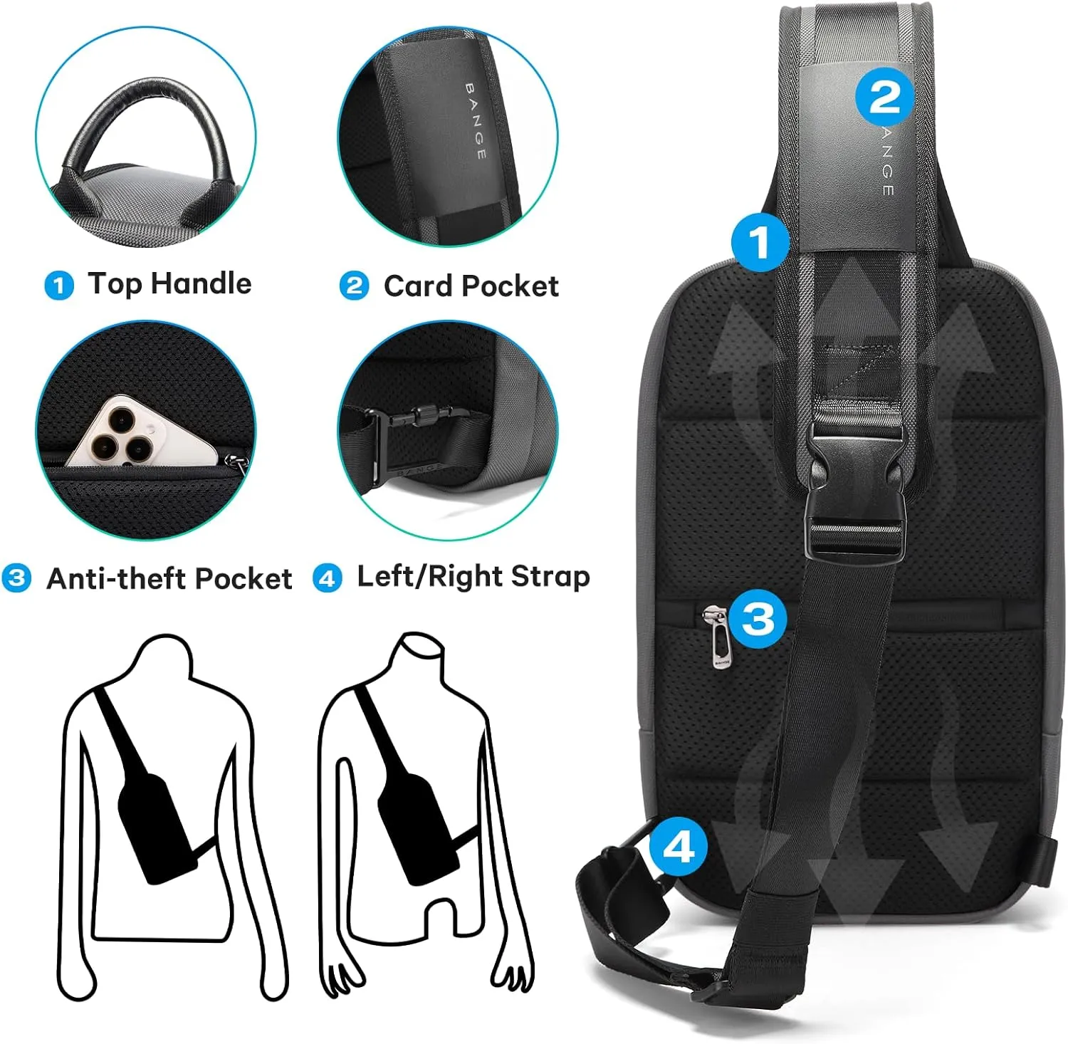BANGE Large Sling Bag for Men, Waterproof Crossbody Backpack for Men, Fashion Shoulder bags with Pad Compartment