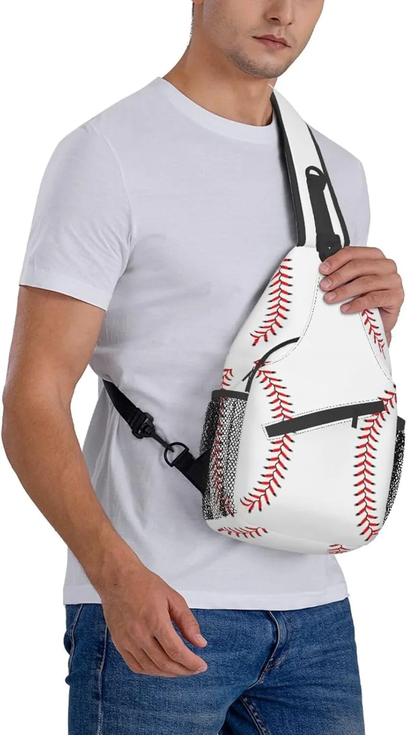 Baseball Laces Sport Small Sling Bag for Women Mens Crossbody Backpack Casual Hiking Daypack Chest Shoulder Bag with Adjustable Strap