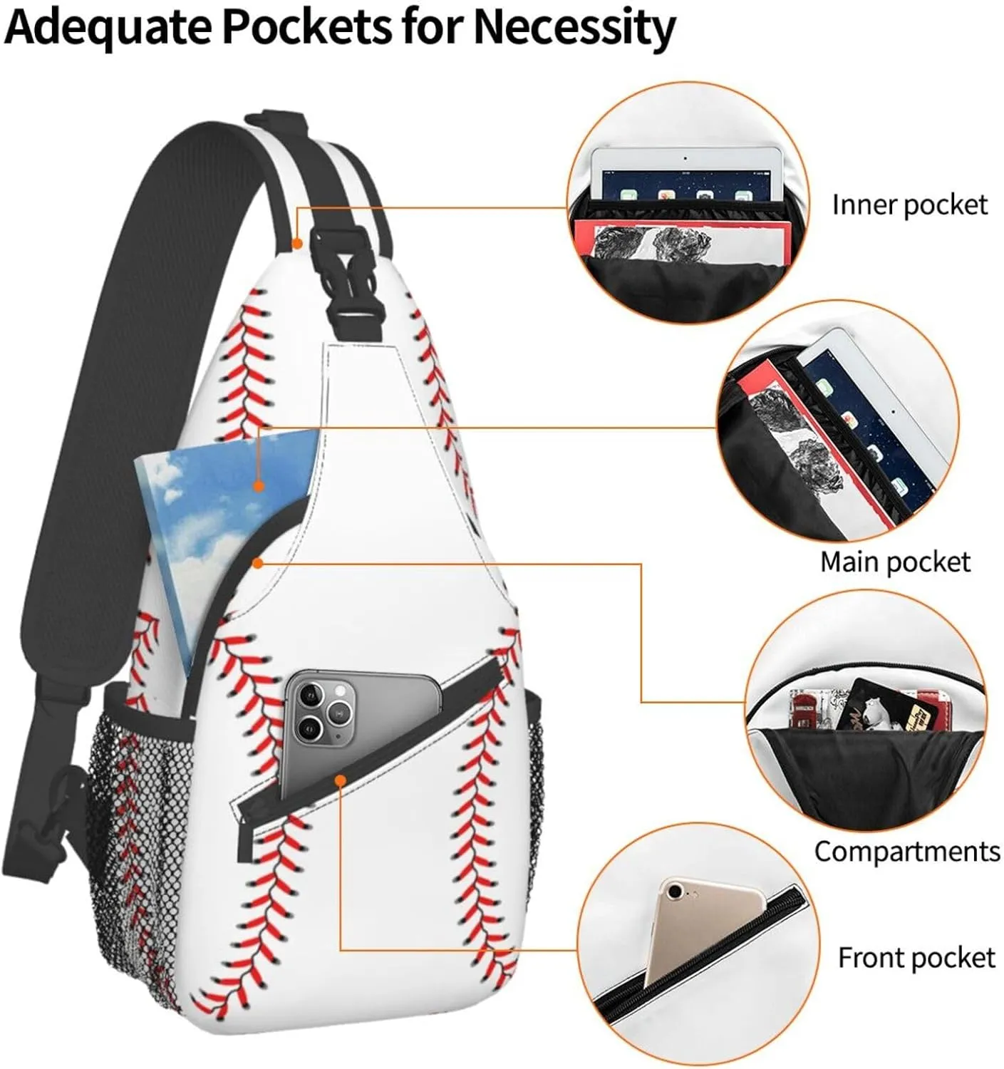 Baseball Laces Sport Small Sling Bag for Women Mens Crossbody Backpack Casual Hiking Daypack Chest Shoulder Bag with Adjustable Strap