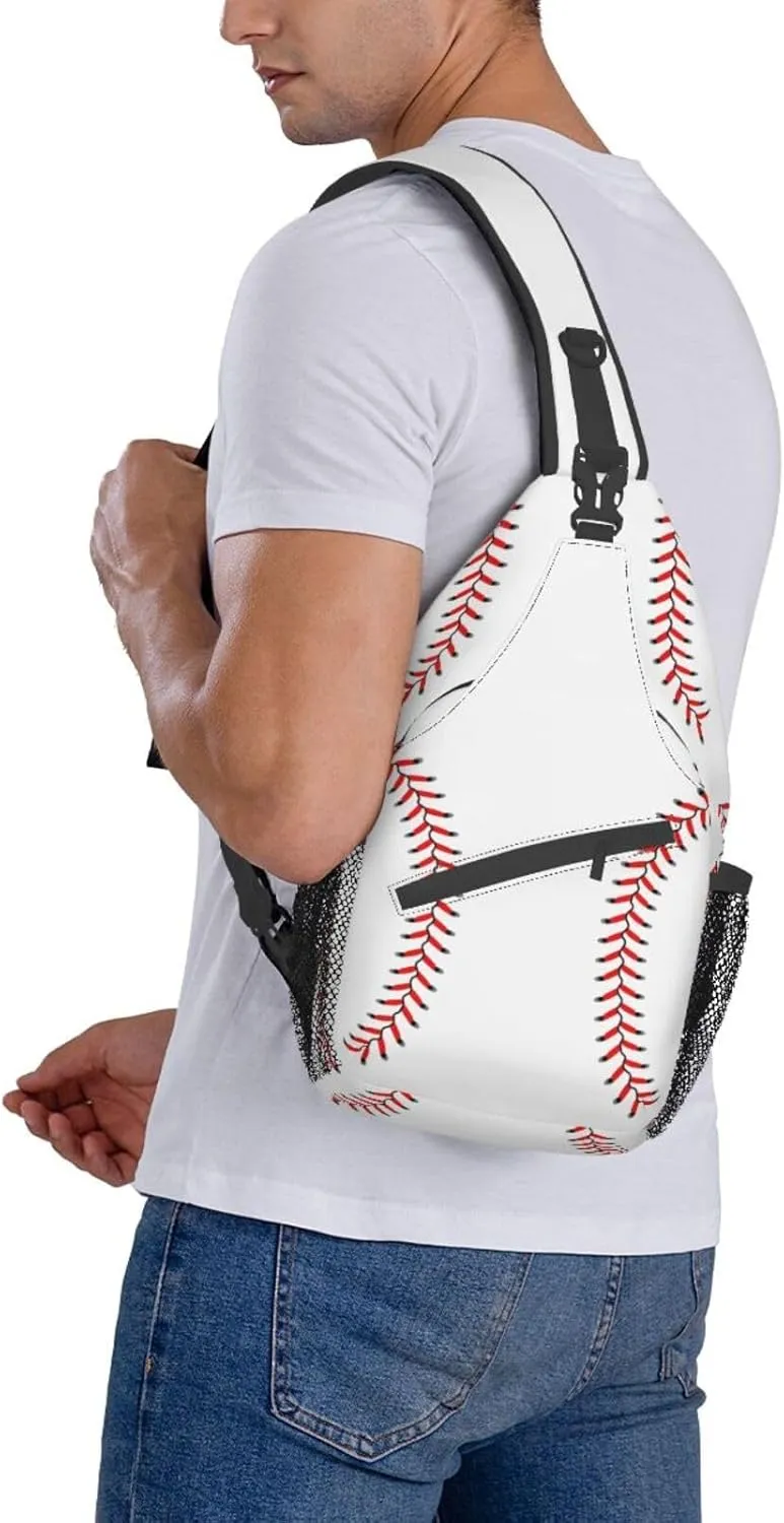 Baseball Laces Sport Small Sling Bag for Women Mens Crossbody Backpack Casual Hiking Daypack Chest Shoulder Bag with Adjustable Strap
