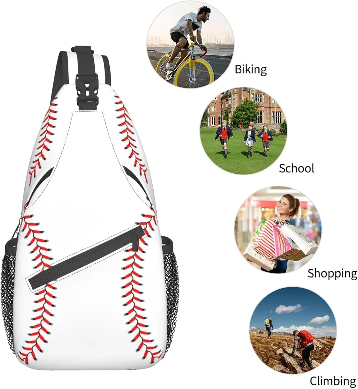 Baseball Laces Sport Small Sling Bag for Women Mens Crossbody Backpack Casual Hiking Daypack Chest Shoulder Bag with Adjustable Strap