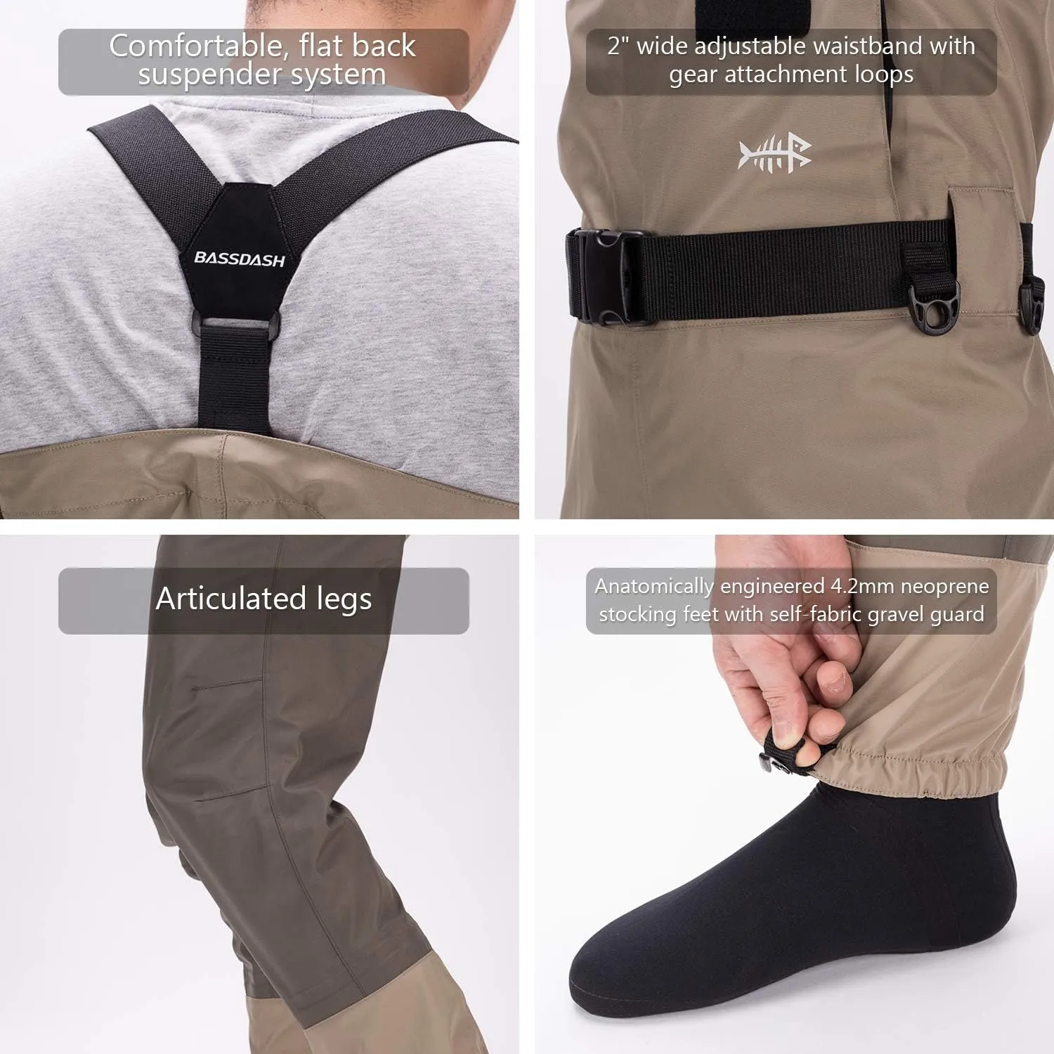 BASSDASH Men’s Breathable Chest and Waist Convertible Waders for Fishing Hunting, Stocking Foot and Boot Foot Waders