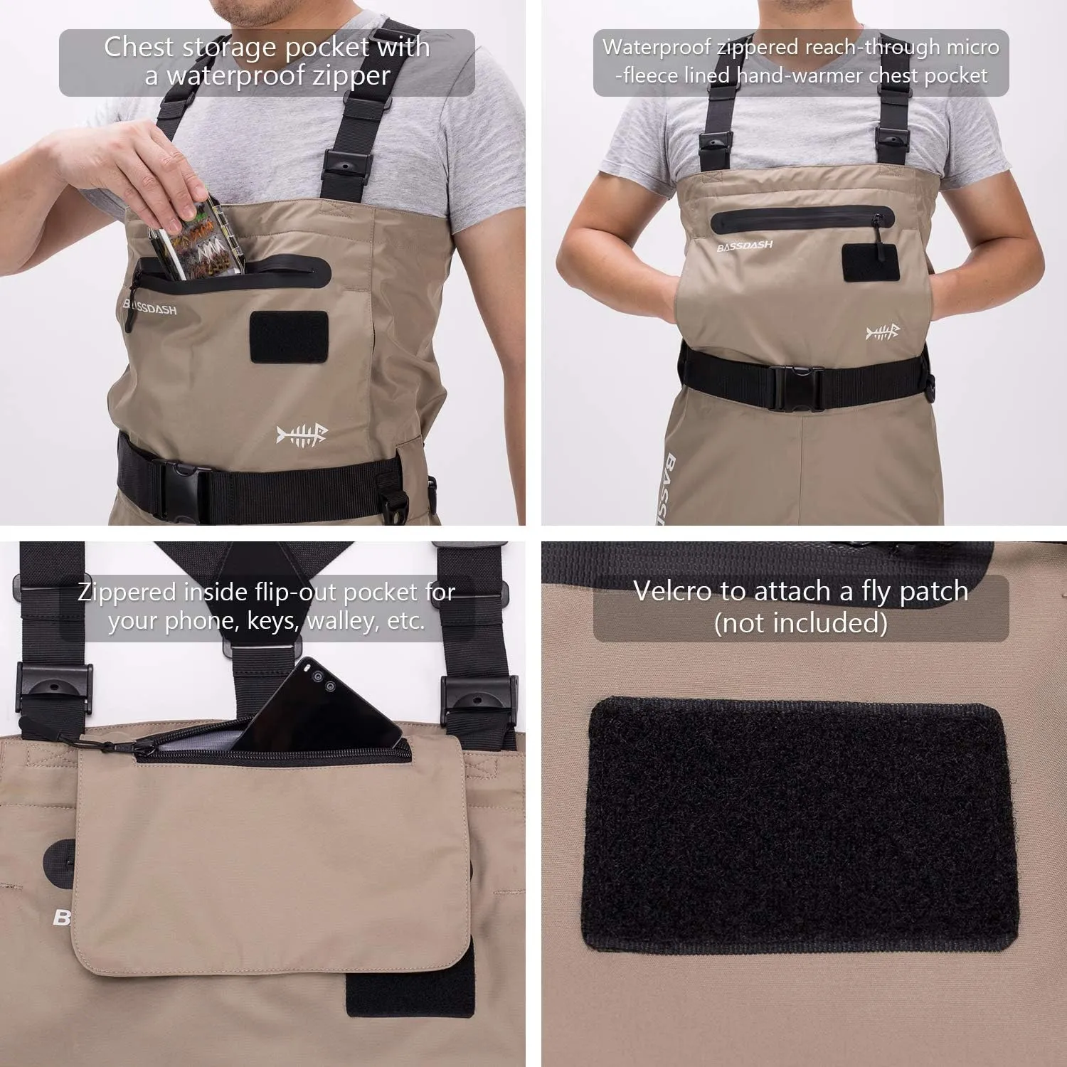 BASSDASH Men’s Breathable Chest and Waist Convertible Waders for Fishing Hunting, Stocking Foot and Boot Foot Waders