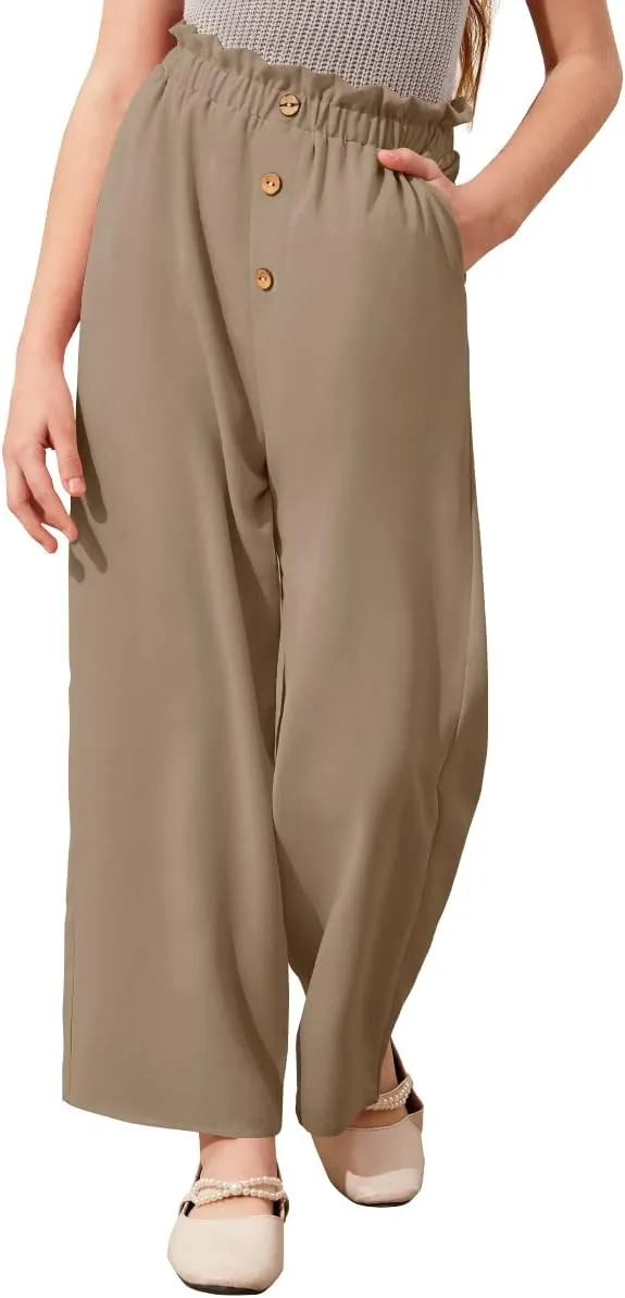 Batermoon Girls' Pants Paper Bag Elastic Waist Wide Leg Loose Trousers with Pocket