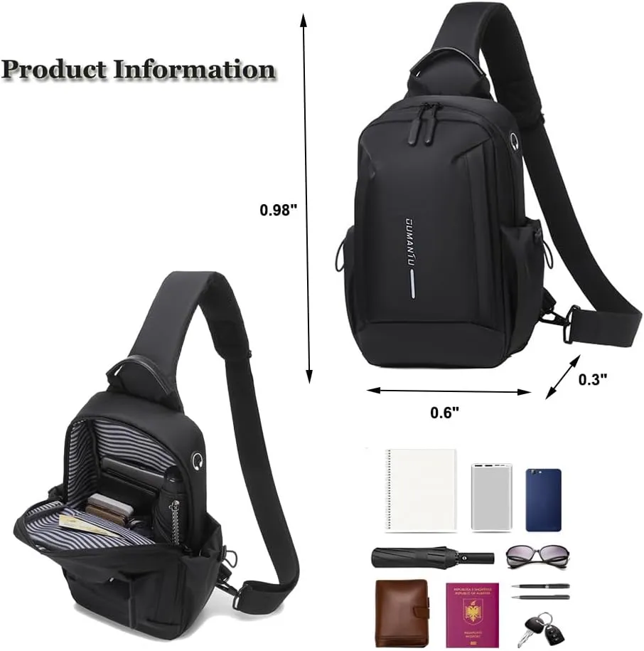 Bealin Waterproof Sling Bag Crossbody Backpack for Men Women Chest Sling Bag with Earphone Hole for Hiking Walking Black