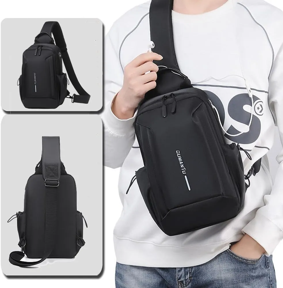 Bealin Waterproof Sling Bag Crossbody Backpack for Men Women Chest Sling Bag with Earphone Hole for Hiking Walking Black