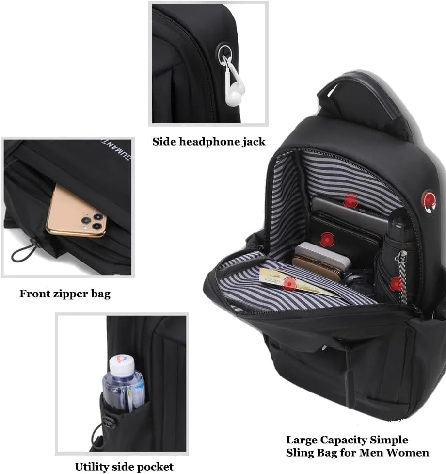 Bealin Waterproof Sling Bag Crossbody Backpack for Men Women Chest Sling Bag with Earphone Hole for Hiking Walking Black