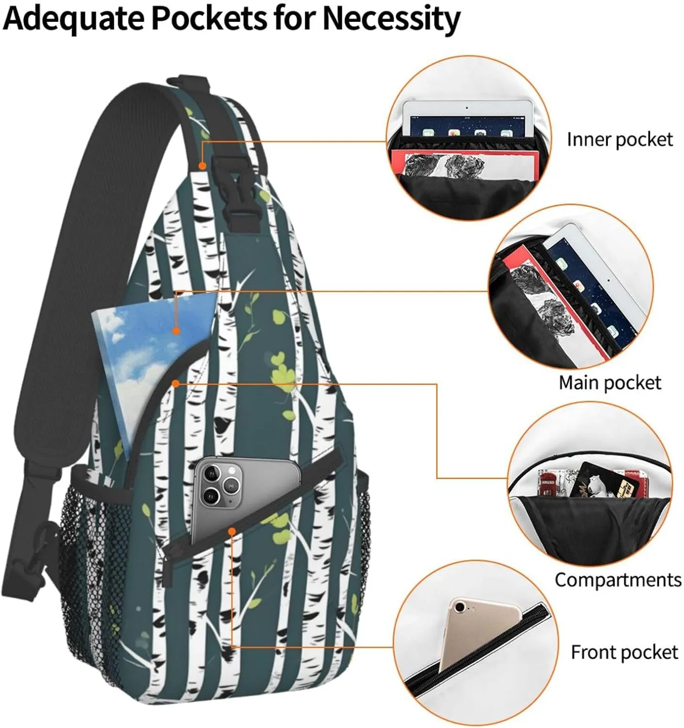 Beauty Birch Tree Print Stylish Sling Backpack, Sling Bag,Chest Bag Daypack, for Hiking, Travel, and Business