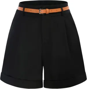 Belle Poque Women Bermuda Shorts Elastic Waist Wide Leg Shorts with Pockets & Belts