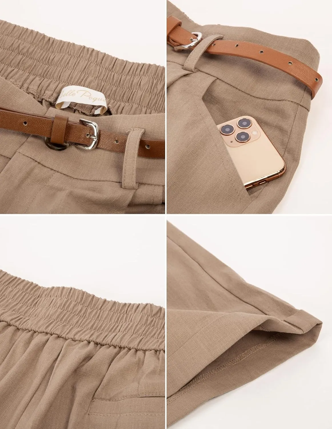 Belle Poque Women Bermuda Shorts Elastic Waist Wide Leg Shorts with Pockets & Belts