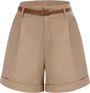 Belle Poque Women Bermuda Shorts Elastic Waist Wide Leg Shorts with Pockets & Belts