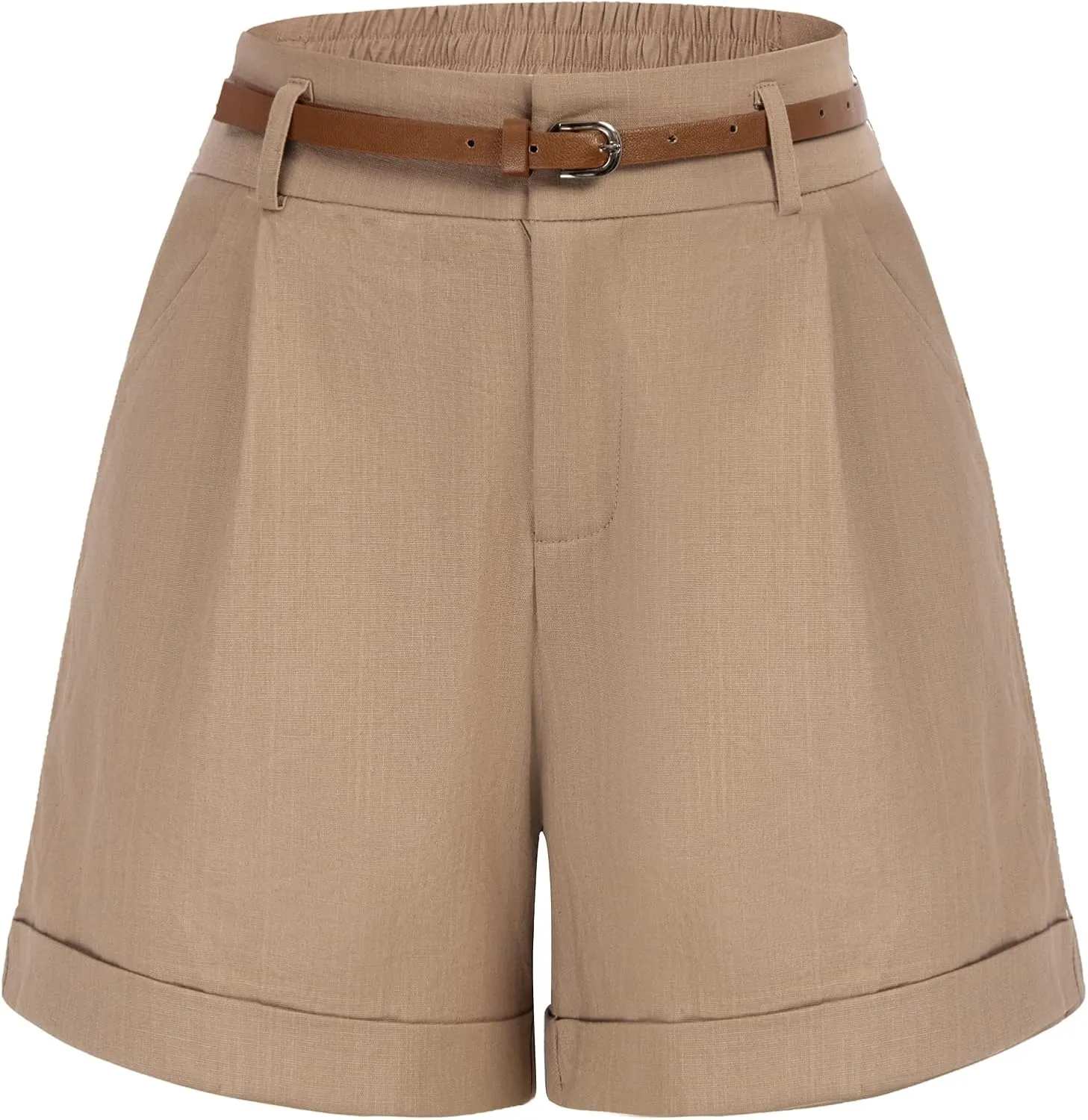 Belle Poque Women Bermuda Shorts Elastic Waist Wide Leg Shorts with Pockets & Belts