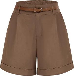 Belle Poque Women Bermuda Shorts Elastic Waist Wide Leg Shorts with Pockets & Belts