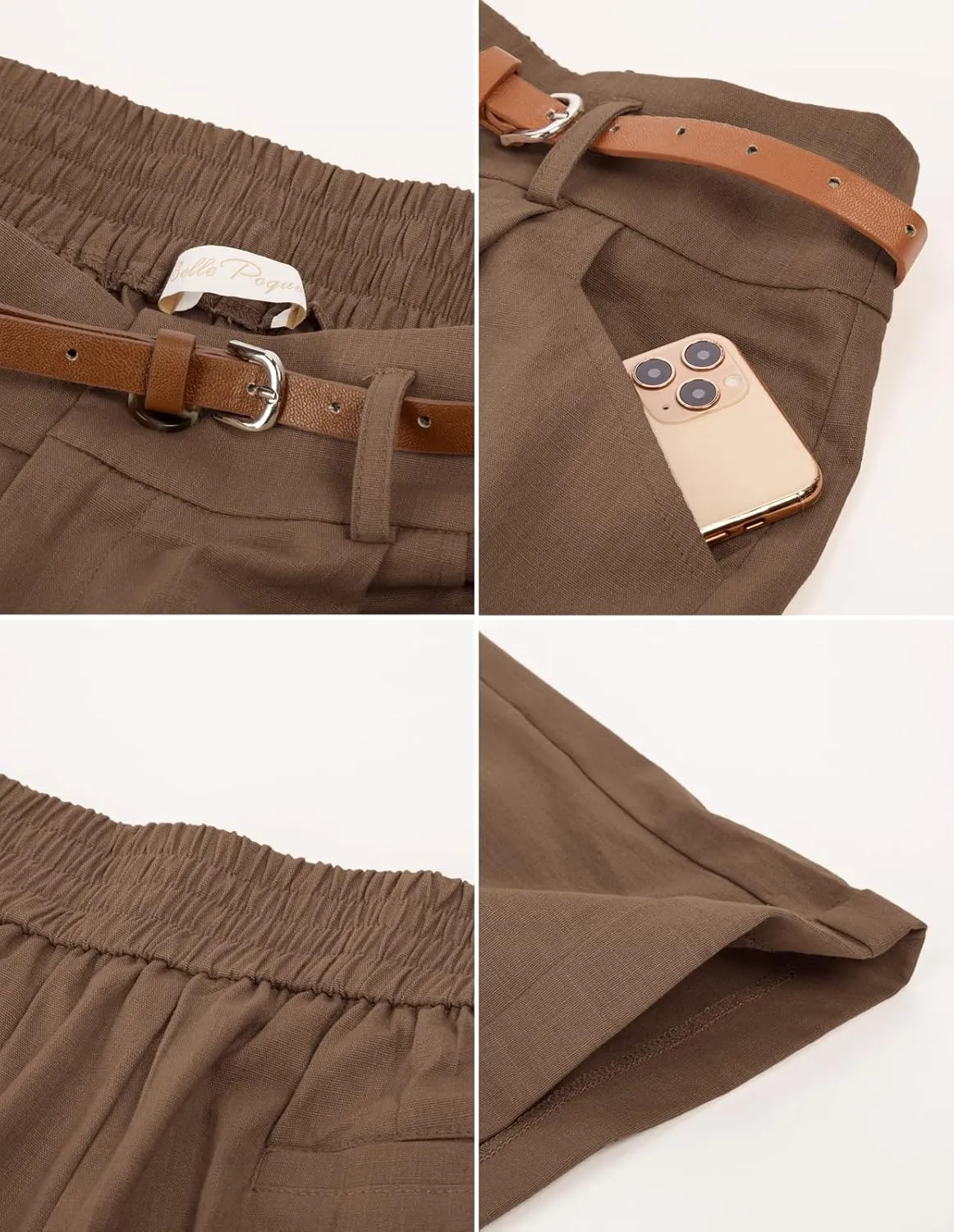 Belle Poque Women Bermuda Shorts Elastic Waist Wide Leg Shorts with Pockets & Belts