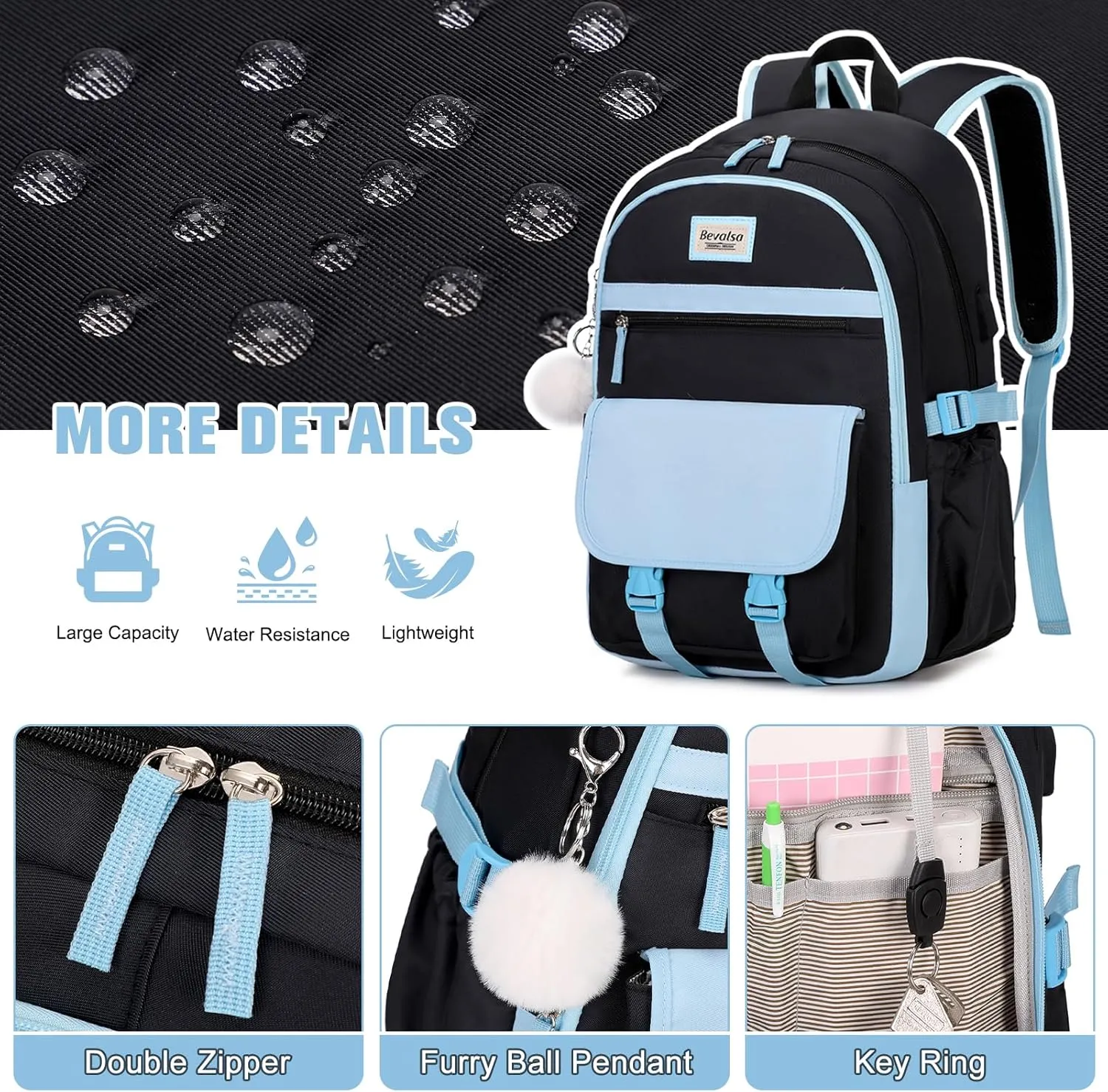 Bevalsa Backpacks for Women & Girls, 15.6" Laptop Backpack with Lunch Bag & Pencil Pouch for Teen & Kids School Student Bookbag Daypack (Blue Black)