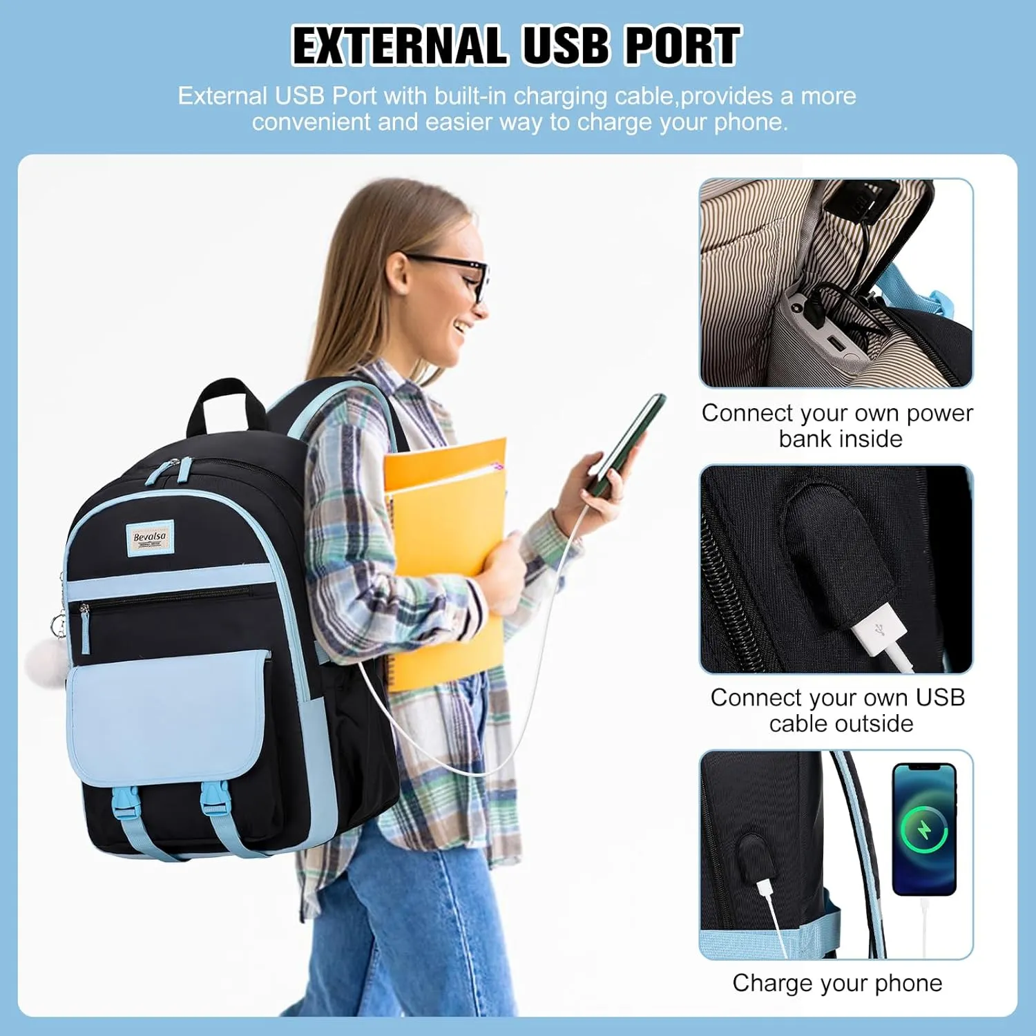Bevalsa Backpacks for Women & Girls, 15.6" Laptop Backpack with Lunch Bag & Pencil Pouch for Teen & Kids School Student Bookbag Daypack (Blue Black)