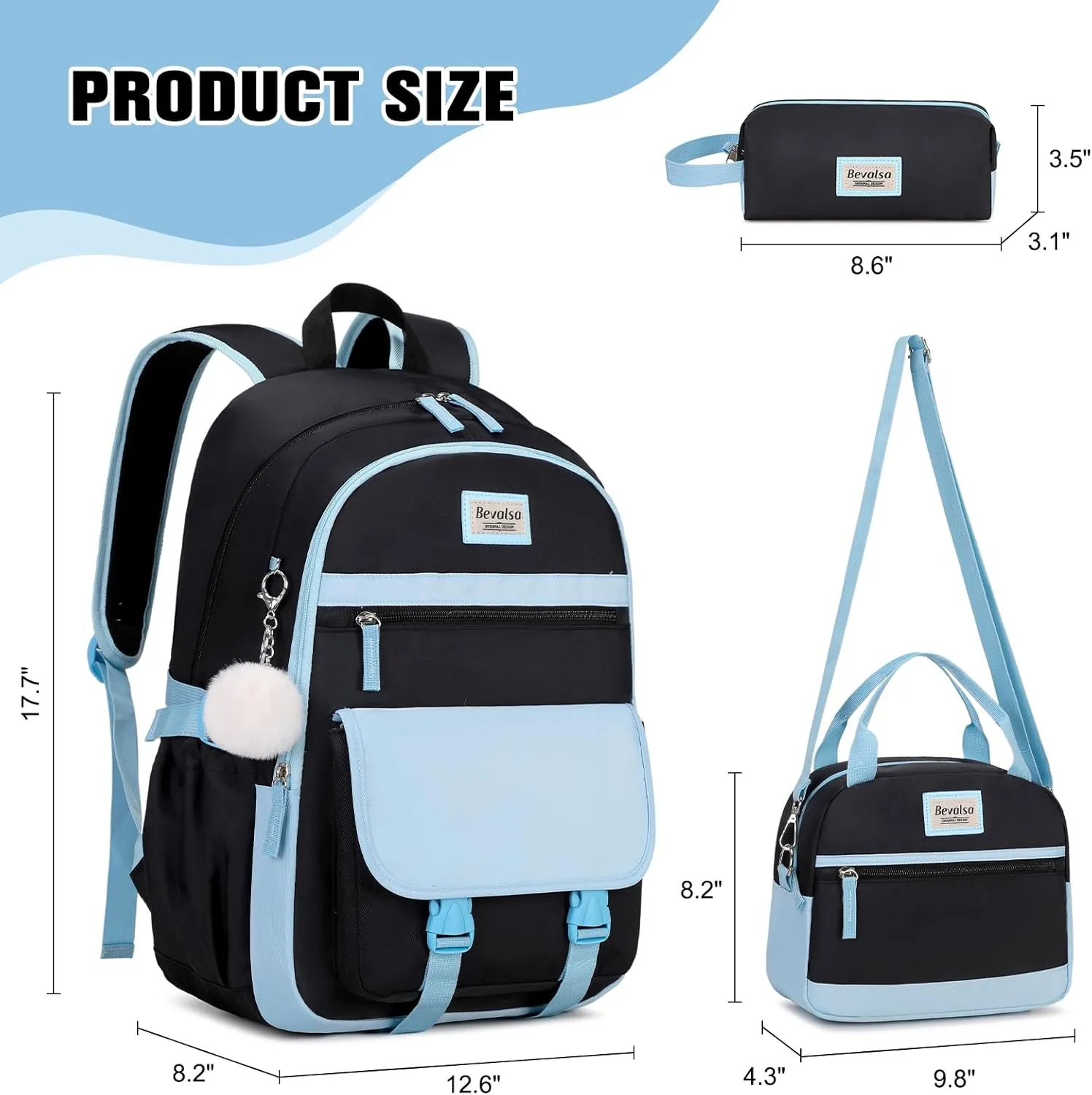 Bevalsa Backpacks for Women & Girls, 15.6" Laptop Backpack with Lunch Bag & Pencil Pouch for Teen & Kids School Student Bookbag Daypack (Blue Black)