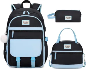Bevalsa Backpacks for Women & Girls, 15.6" Laptop Backpack with Lunch Bag & Pencil Pouch for Teen & Kids School Student Bookbag Daypack (Blue Black)