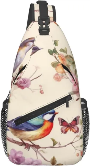 Birds On Branches And Butterflies Sling Bag Waterproof Lightweight Crossbody Shoulder Backpack Chest Bags Travel Hiking Casual Daypack For Women Men