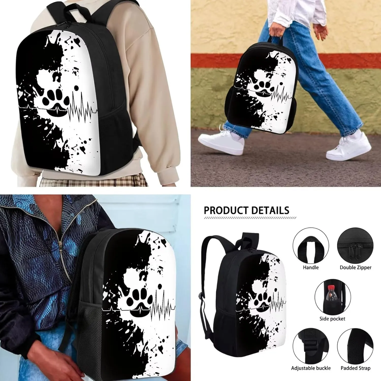 Black and White Paw Backpack with Lunch Box Kit Pencil Case for Kids Boy Girl School Book Bag Set of 3, Resistant to Dirt, Lovely Printing, Back to School Gifts