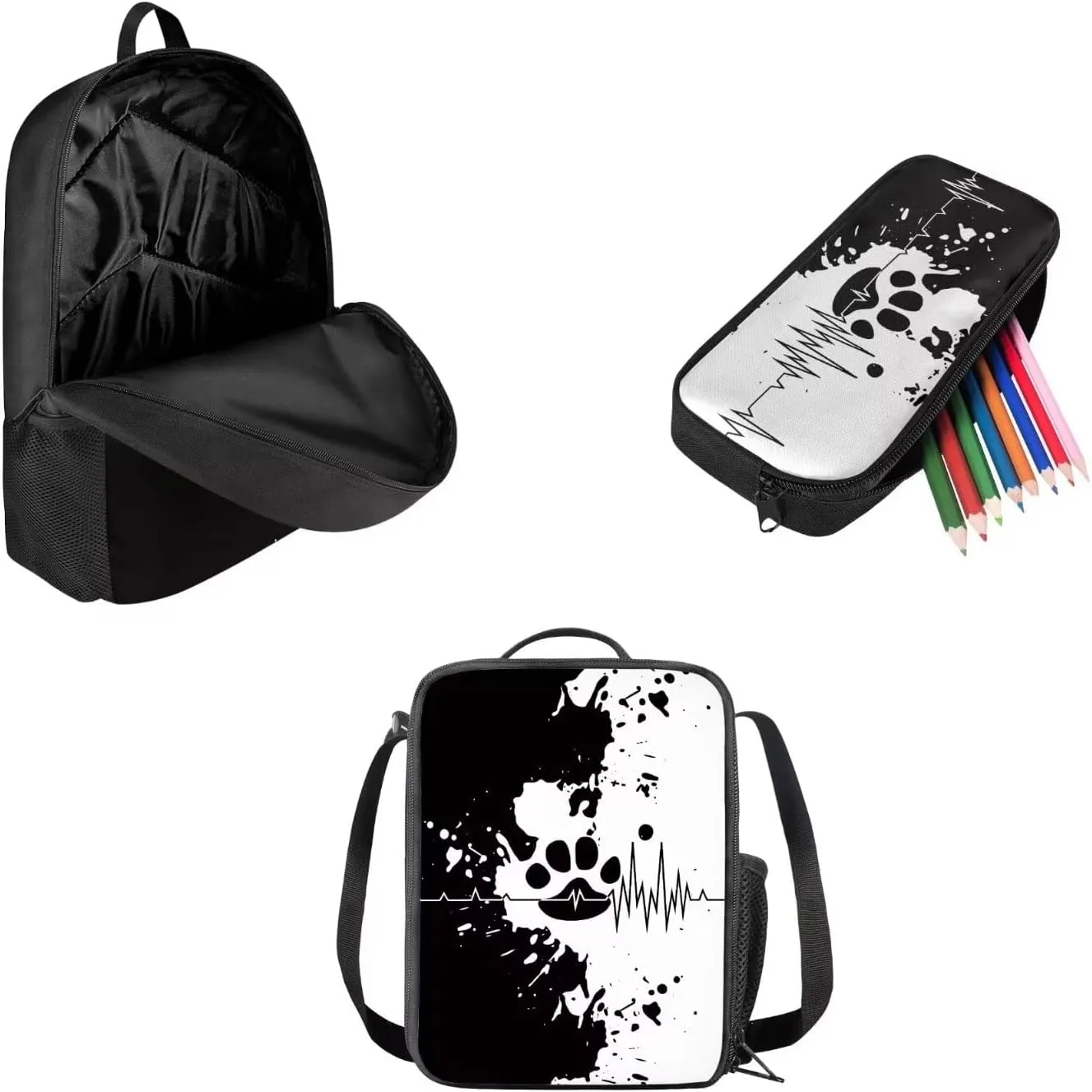 Black and White Paw Backpack with Lunch Box Kit Pencil Case for Kids Boy Girl School Book Bag Set of 3, Resistant to Dirt, Lovely Printing, Back to School Gifts