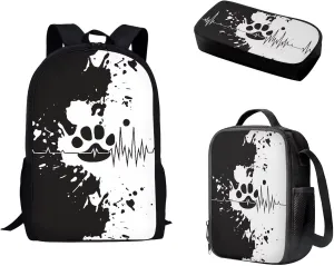 Black and White Paw Backpack with Lunch Box Kit Pencil Case for Kids Boy Girl School Book Bag Set of 3, Resistant to Dirt, Lovely Printing, Back to School Gifts