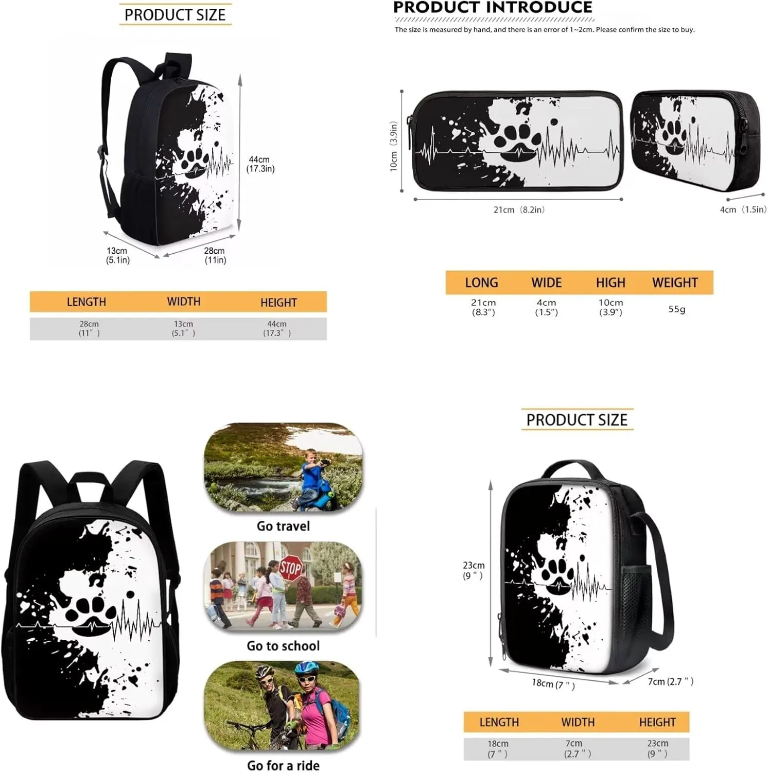 Black and White Paw Backpack with Lunch Box Kit Pencil Case for Kids Boy Girl School Book Bag Set of 3, Resistant to Dirt, Lovely Printing, Back to School Gifts