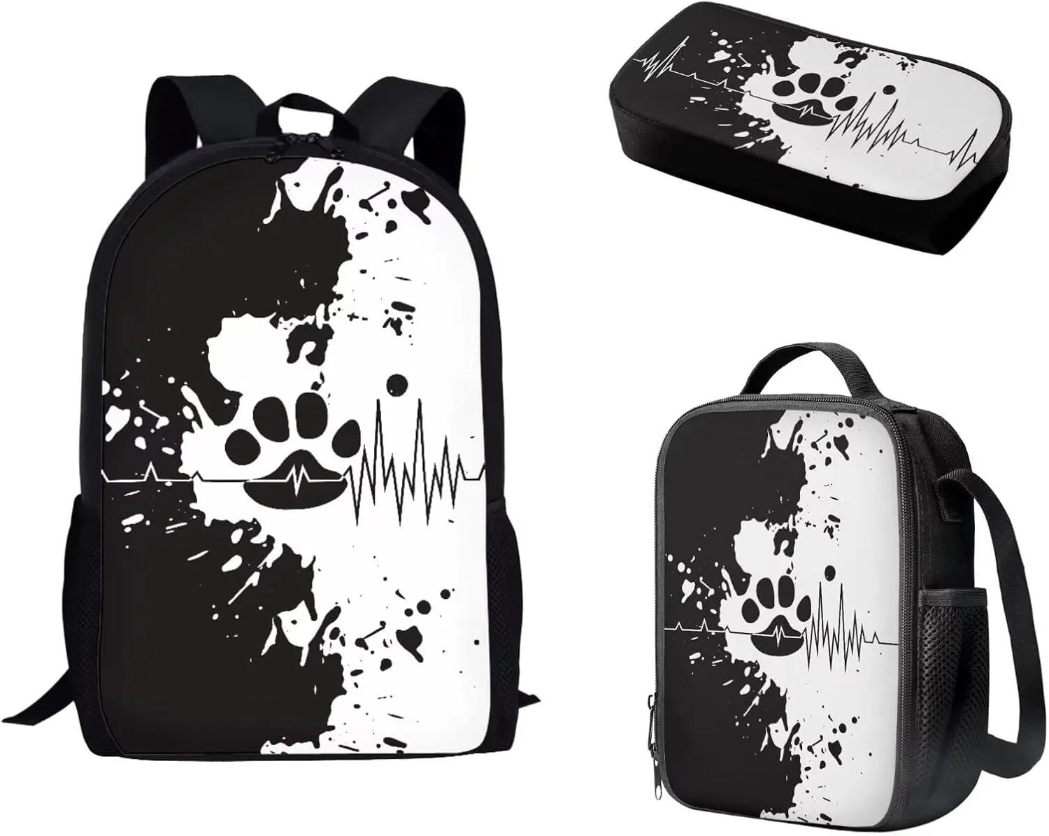 Black and White Paw Backpack with Lunch Box Kit Pencil Case for Kids Boy Girl School Book Bag Set of 3, Resistant to Dirt, Lovely Printing, Back to School Gifts