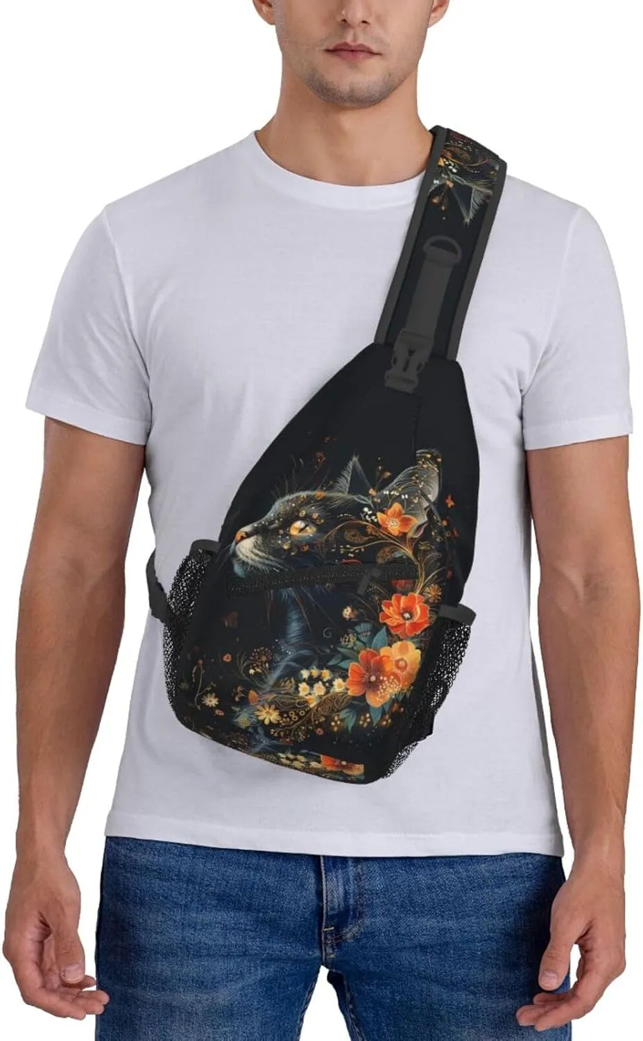 Black Cat Sling Bag For Women Men Halloween Backpack Crossbody Cat with Flower Shoulder Bag Sling Backpack Chest Bag Travel Hiking Casual Sport Daypack