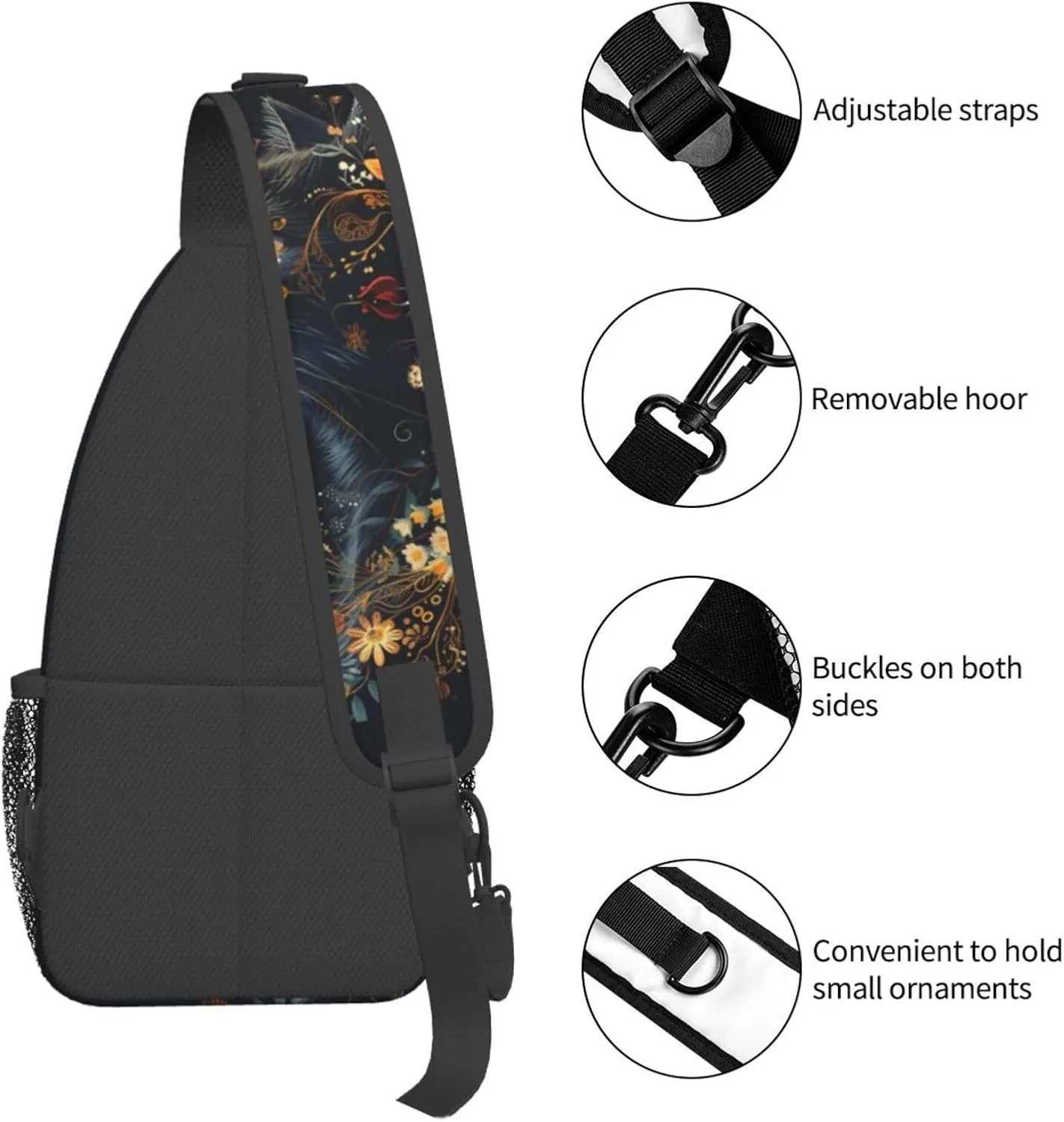 Black Cat Sling Bag For Women Men Halloween Backpack Crossbody Cat with Flower Shoulder Bag Sling Backpack Chest Bag Travel Hiking Casual Sport Daypack