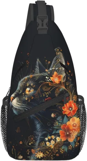 Black Cat Sling Bag For Women Men Halloween Backpack Crossbody Cat with Flower Shoulder Bag Sling Backpack Chest Bag Travel Hiking Casual Sport Daypack