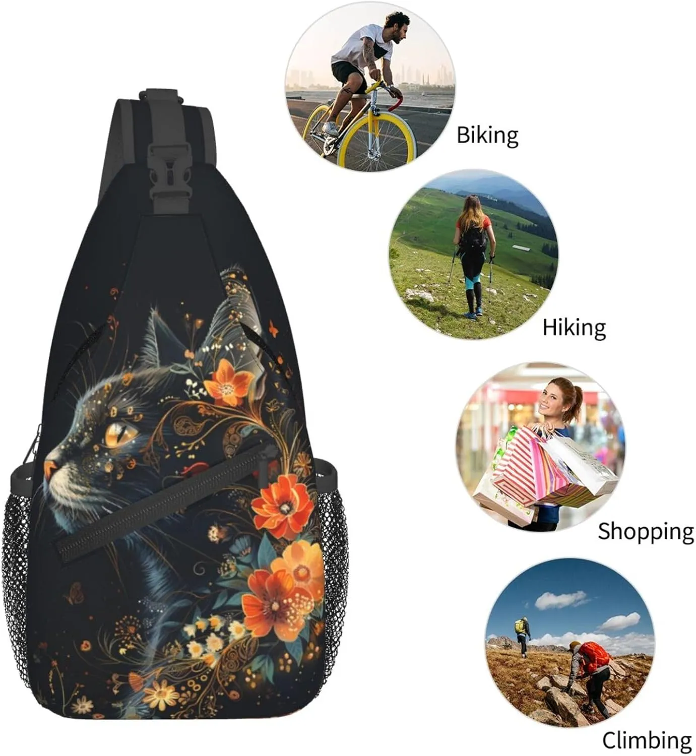 Black Cat Sling Bag For Women Men Halloween Backpack Crossbody Cat with Flower Shoulder Bag Sling Backpack Chest Bag Travel Hiking Casual Sport Daypack
