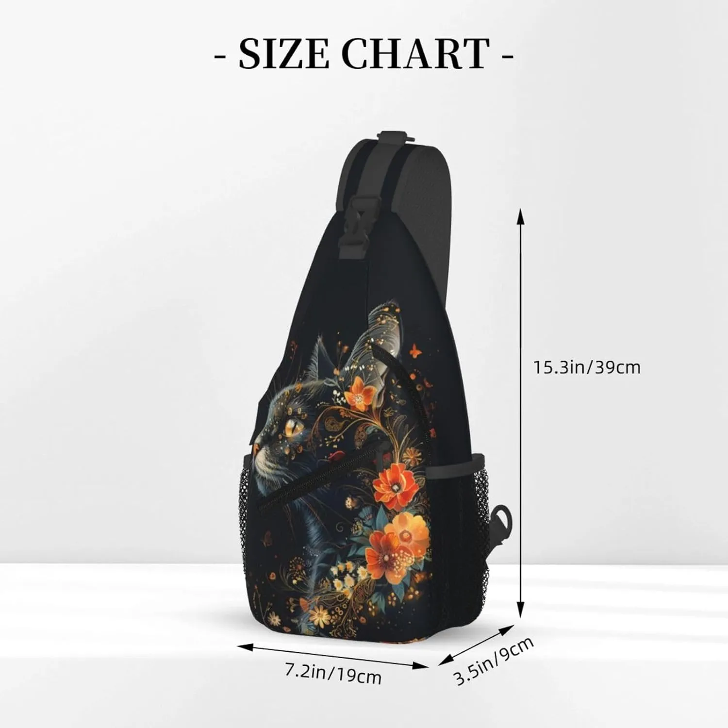 Black Cat Sling Bag For Women Men Halloween Backpack Crossbody Cat with Flower Shoulder Bag Sling Backpack Chest Bag Travel Hiking Casual Sport Daypack