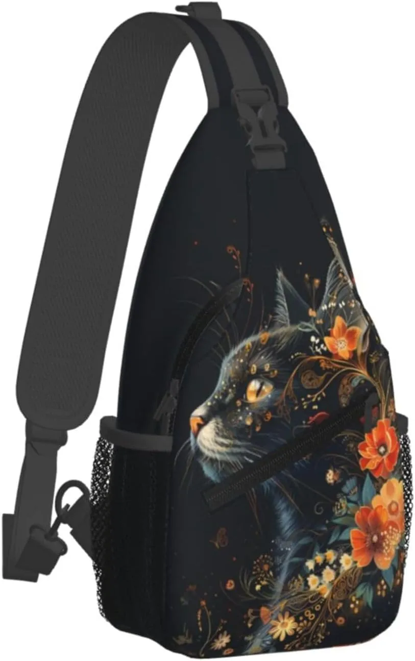 Black Cat Sling Bag For Women Men Halloween Backpack Crossbody Cat with Flower Shoulder Bag Sling Backpack Chest Bag Travel Hiking Casual Sport Daypack
