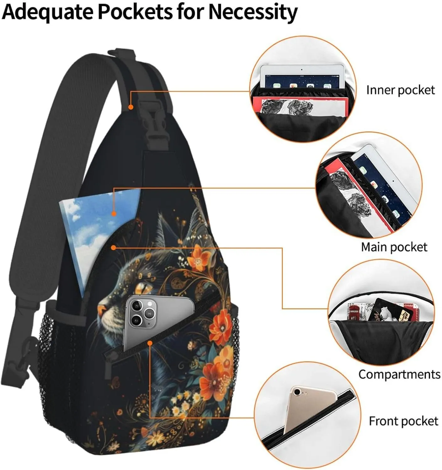 Black Cat Sling Bag For Women Men Halloween Backpack Crossbody Cat with Flower Shoulder Bag Sling Backpack Chest Bag Travel Hiking Casual Sport Daypack